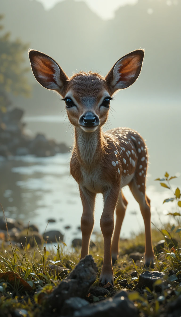 Young deer standing alone by a quiet riverbank