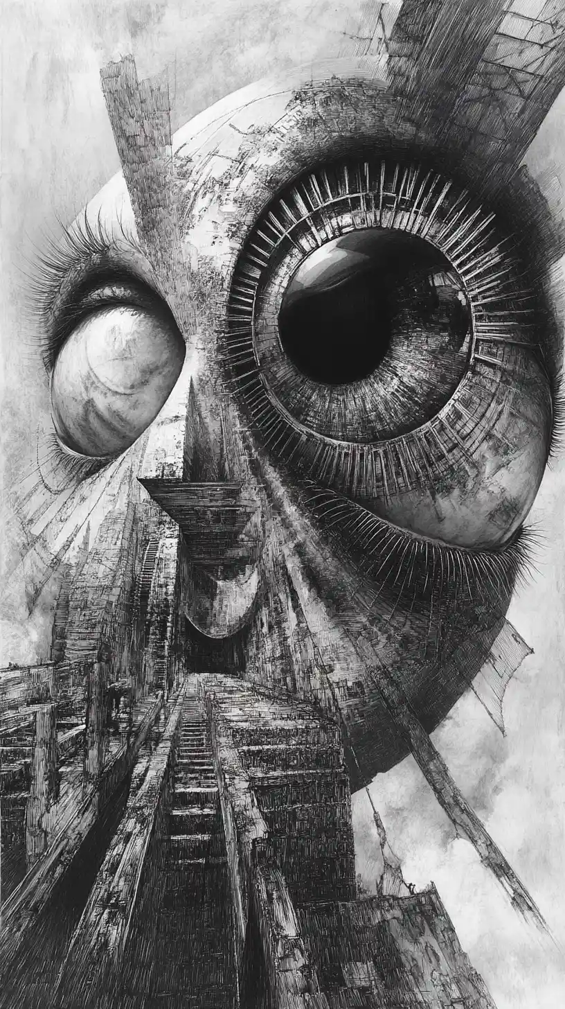 Occhi a ingranaggi surreali in audace disegno astratto a carboncino