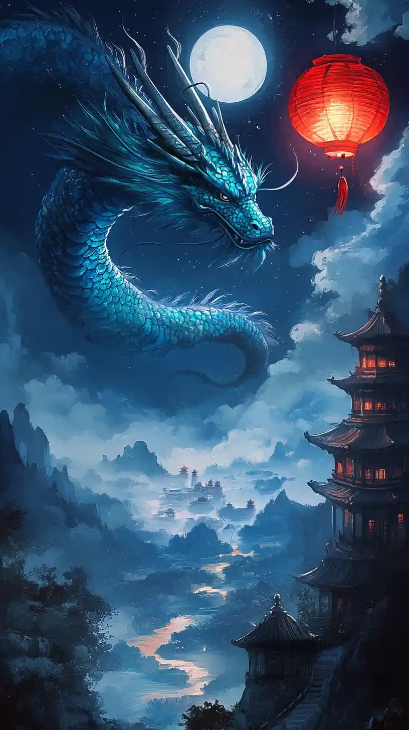 Asian dragon flying with glowing lantern over night mountains