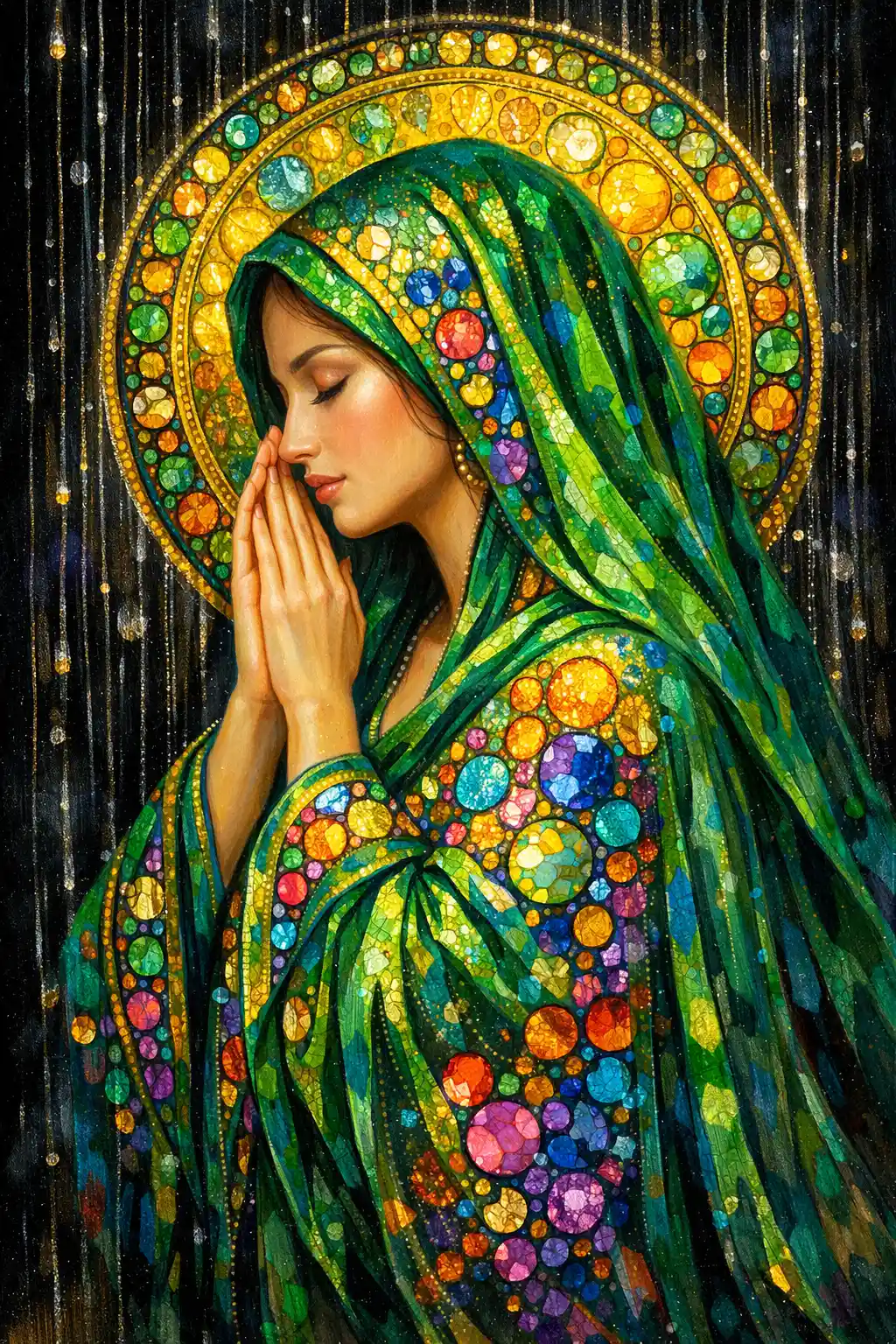 Mujer elegante con túnica verde y halo resplandeciente