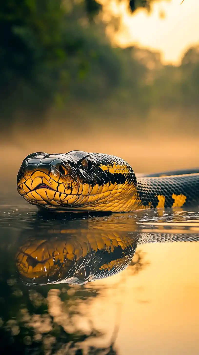 Gran anaconda deslizándose por un río selvático brumoso al anochecer