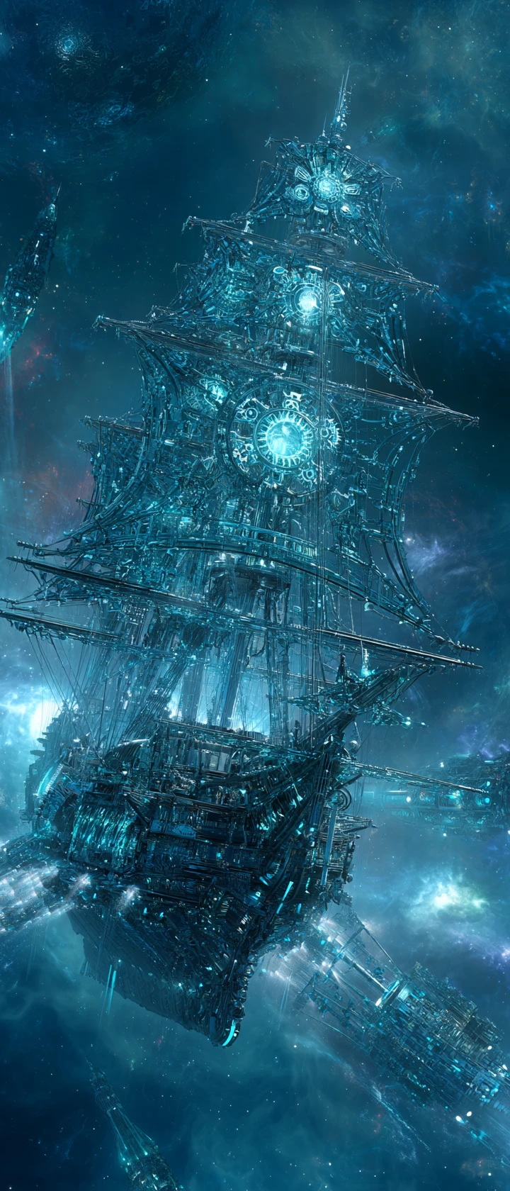 Nave estelar de obsidiana steampunk luchando contra un kraken cibernético en el espacio