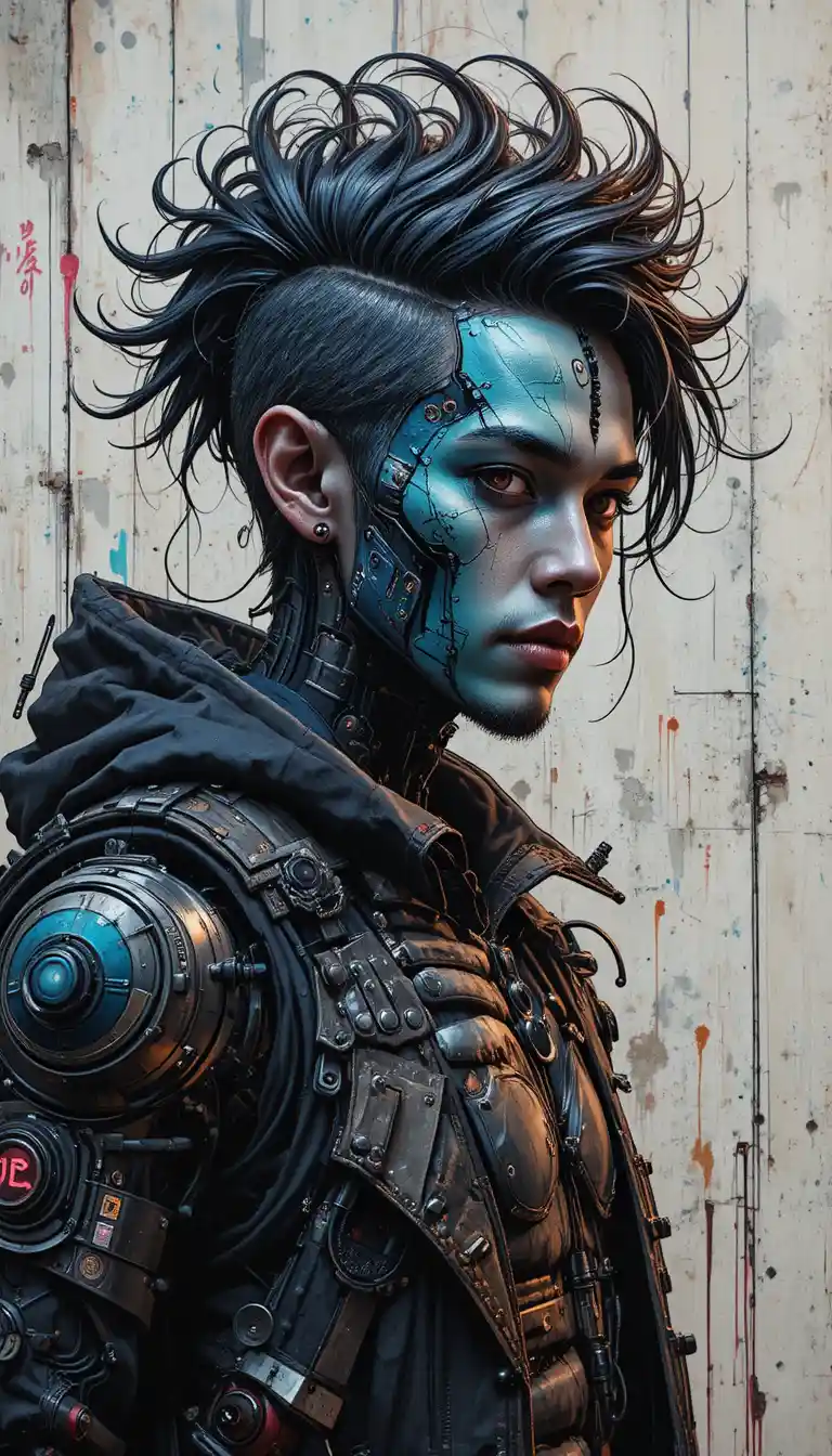 Neon-Cyborg-Porträt mit geteiltem afrikanischem und chinesischem Gesicht