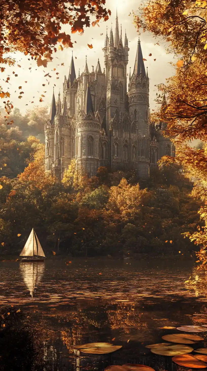 Enchanted Castle Beside Autumn Lake In Golden Forest