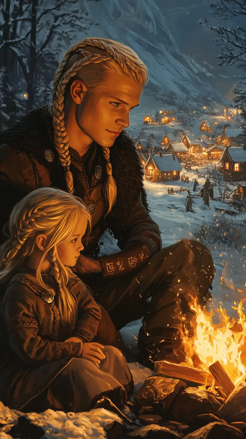 Viking man and child by campfire in winter village