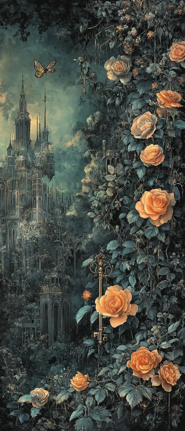 Fantasy city beside cascading roses with hidden golden key