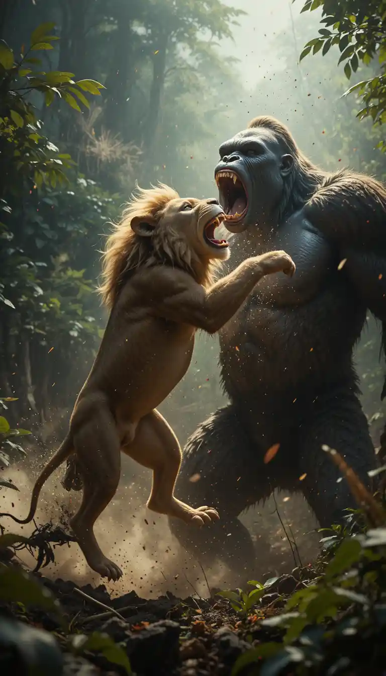 Choque épico entre león y gorila en la selva oscura