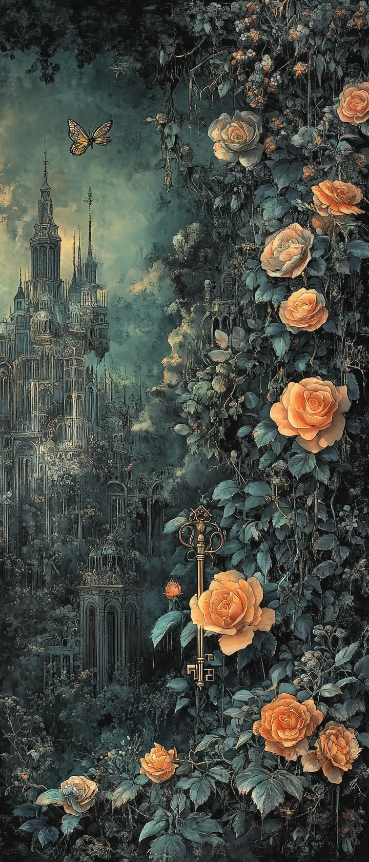 Fantasy city beside cascading roses with hidden golden key