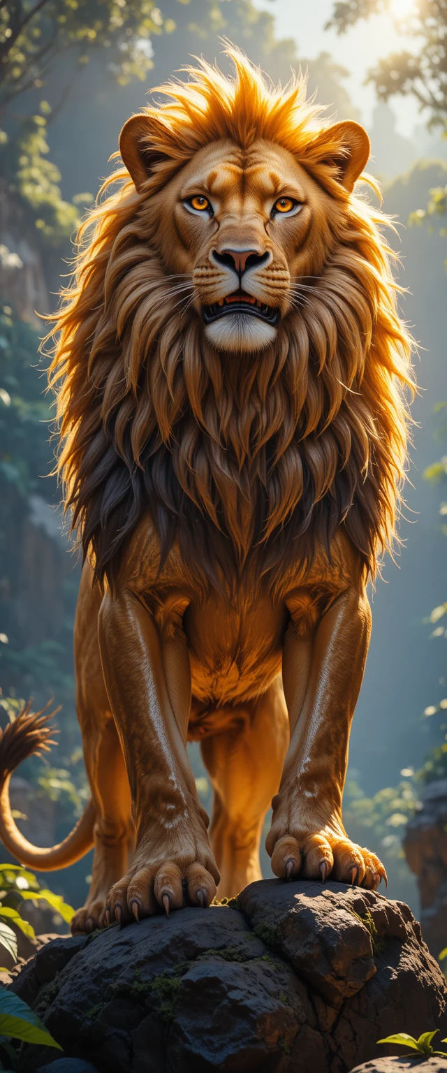 León dorado de pie sobre roca en la jungla con luz dramática
