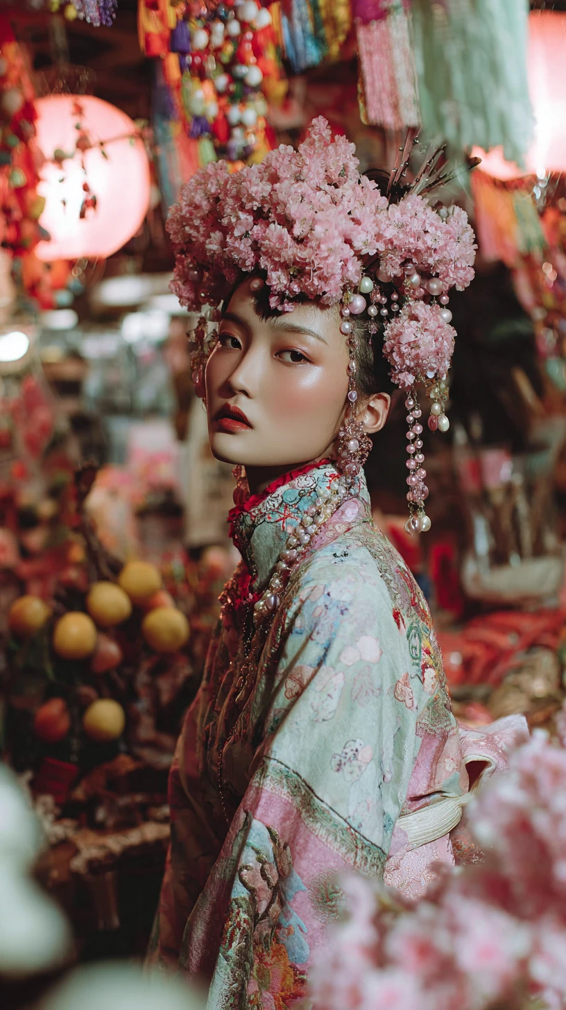 Mujer asiática con kimono en un mercado callejero japonés en tonos pastel