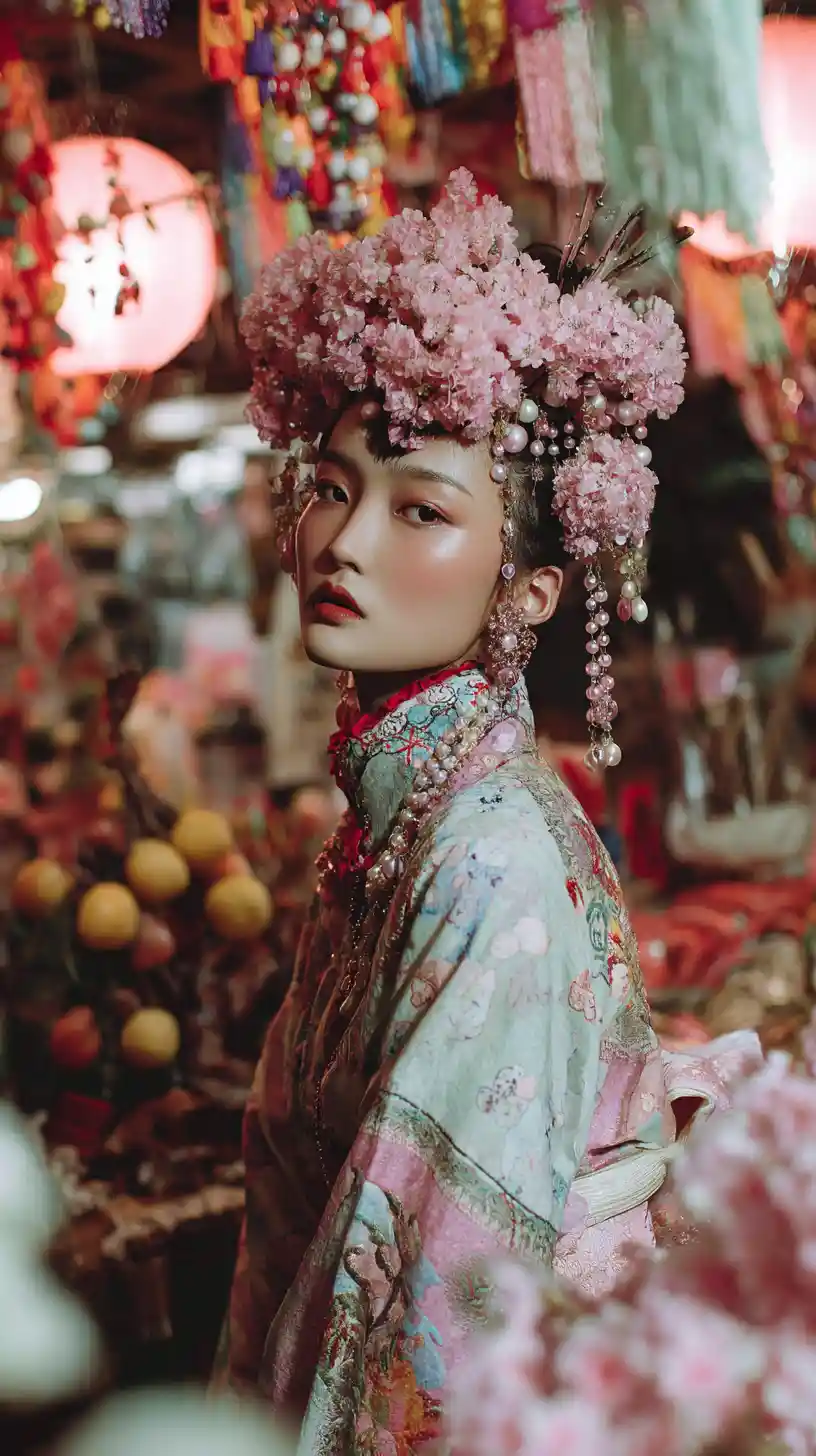 Mujer asiática con kimono en un mercado callejero japonés en tonos pastel