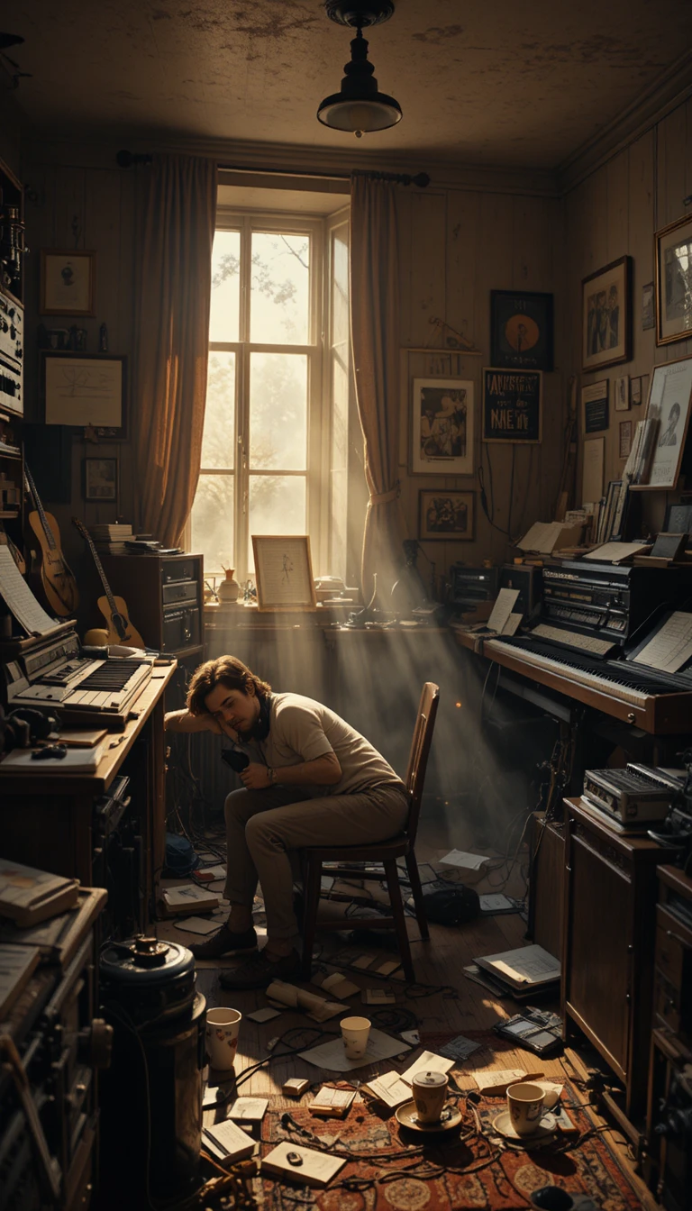 Musicista addormentato in un home studio in disordine all’alba