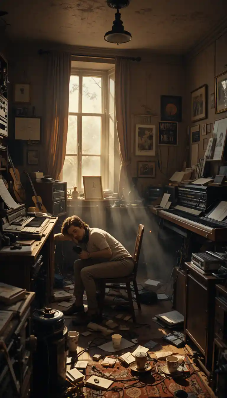 Musicista addormentato in un home studio in disordine all’alba
