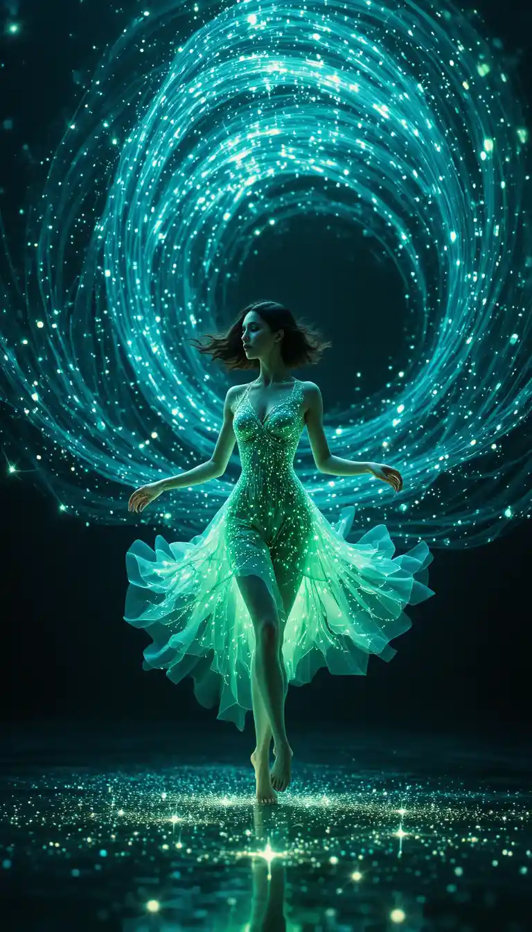 Contemporary dancer flowing through luminous blue green sound wave