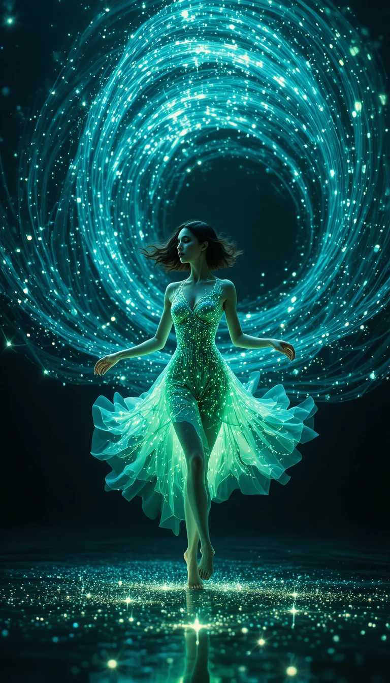 Contemporary dancer flowing through luminous blue green sound wave