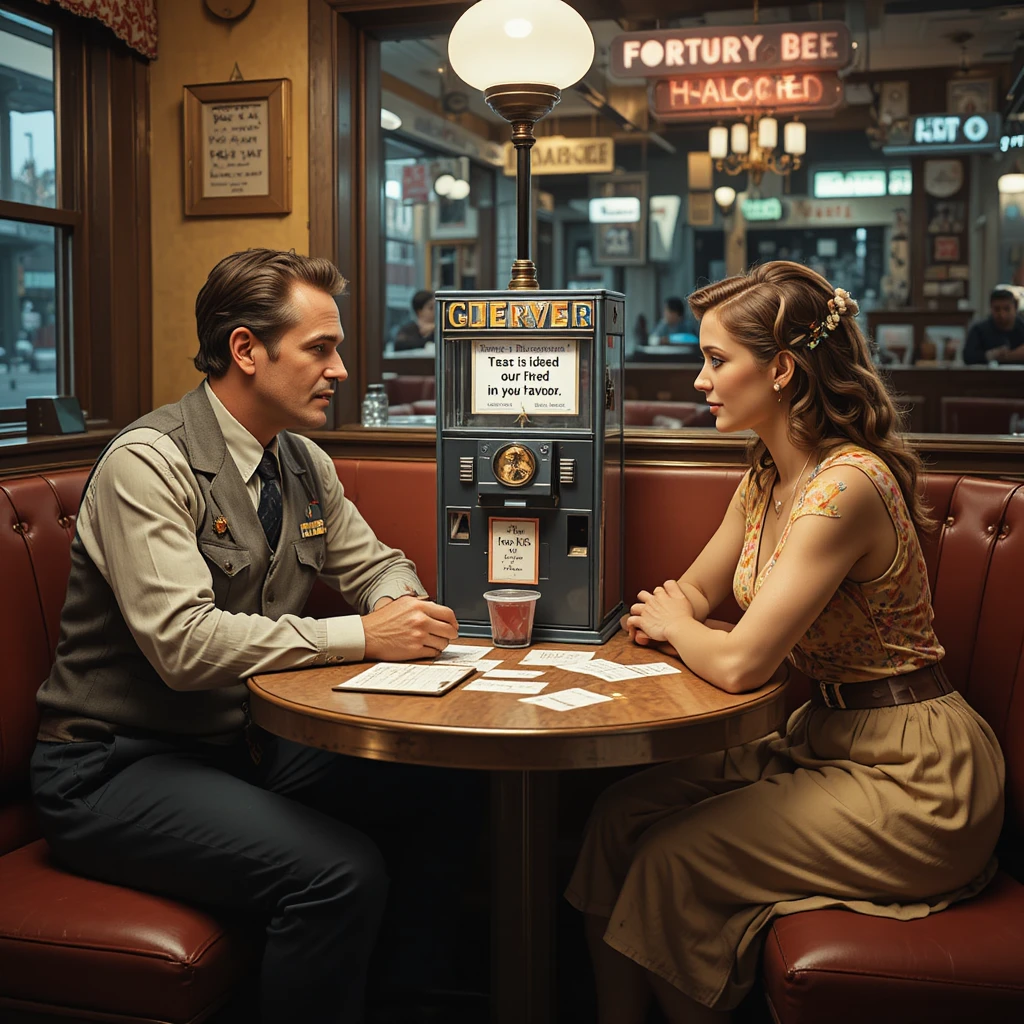 Newlywed couple at diner table with fortune teller machine