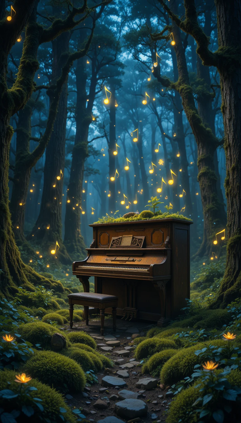 Piano en un bosque encantado rodeado de luciérnagas brillantes