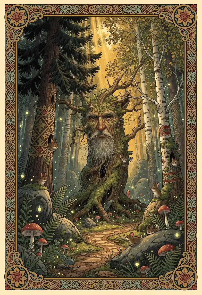 Misterioso velho em uma floresta de conto de fadas colorida