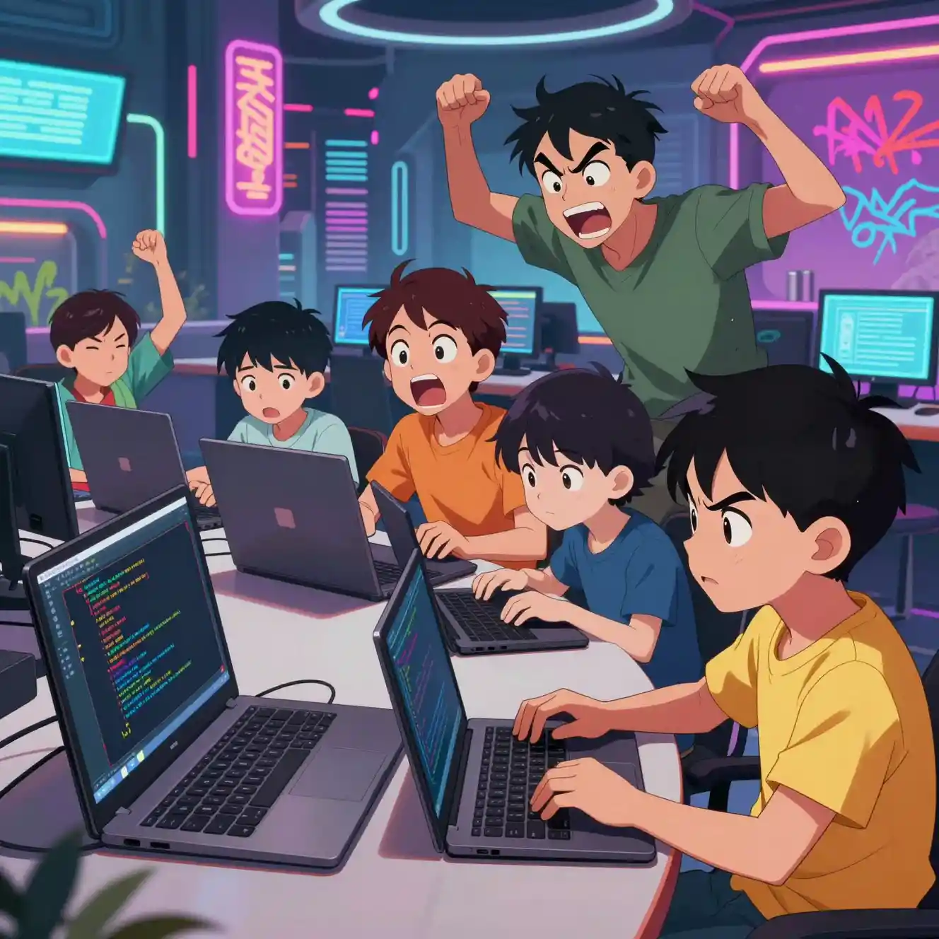 Kids Learning To Code In Futuristic Anime Classroom