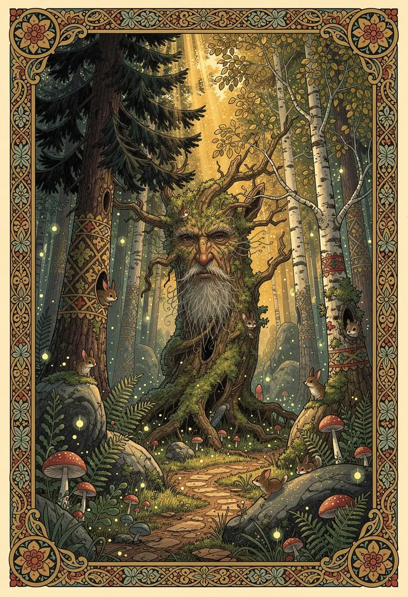 Mysterious old man in a colorful fairytale forest