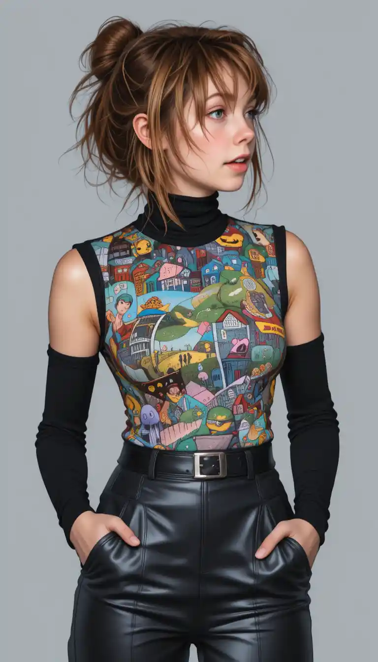Donna elegante con top a stampa cartoon e minigonna di pelle
