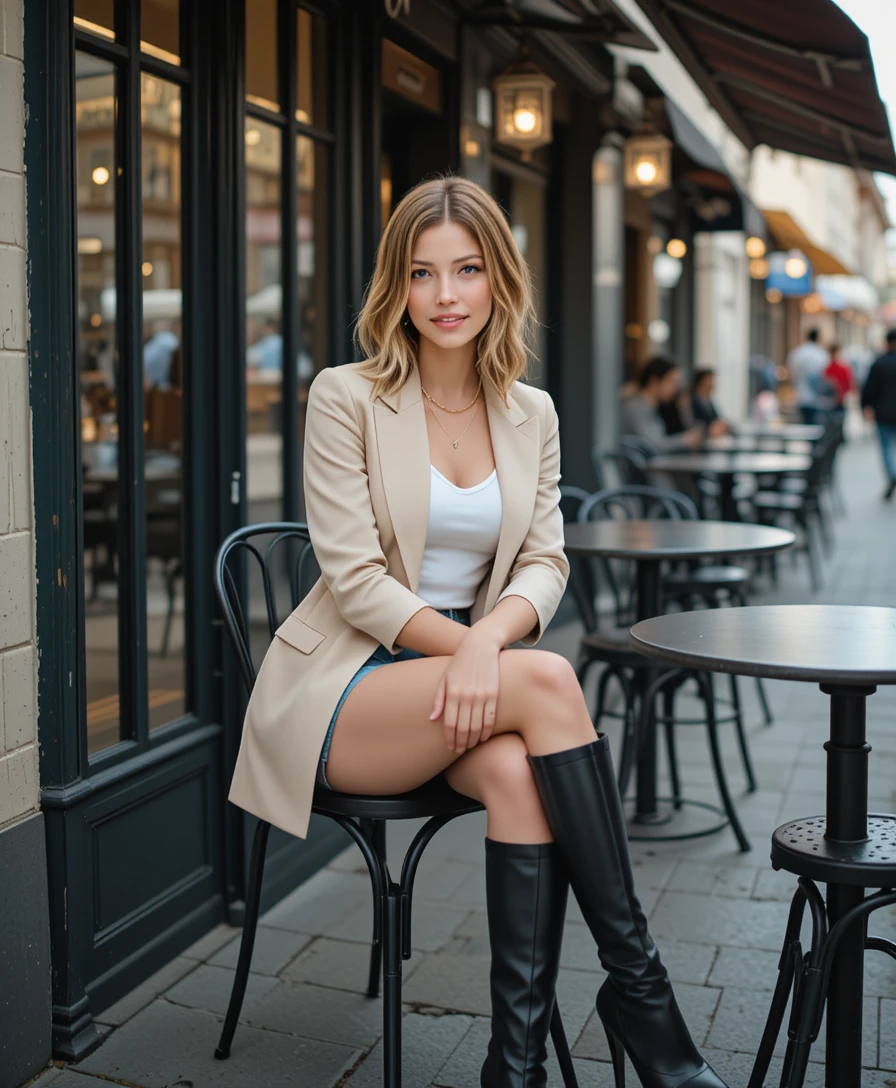 Confident blonde woman at outdoor city cafe in boots