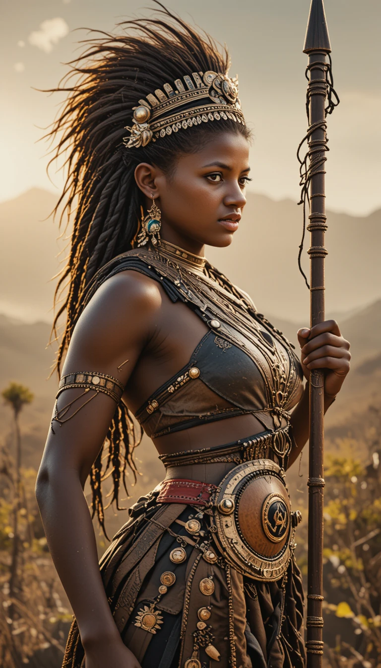 Regal African warrior queen with spear under warm sunlight