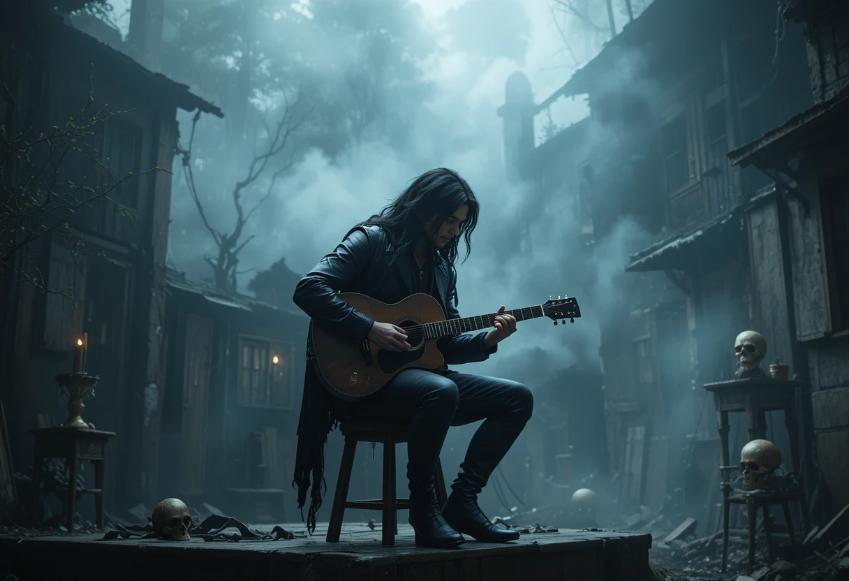 Brooding musician playing electric guitar on a foggy stage