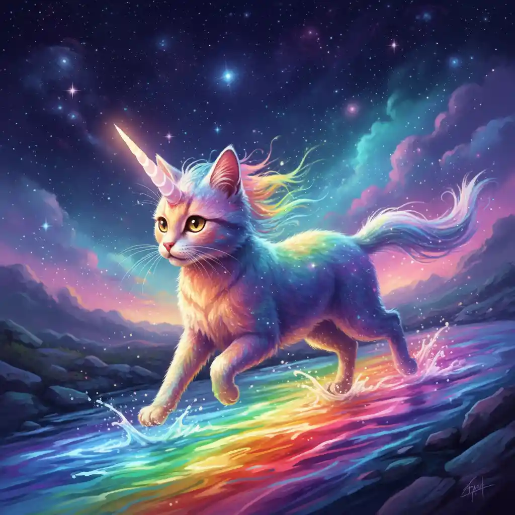 Chat licorne arc-en-ciel courant au-dessus d’une rivière lumineuse