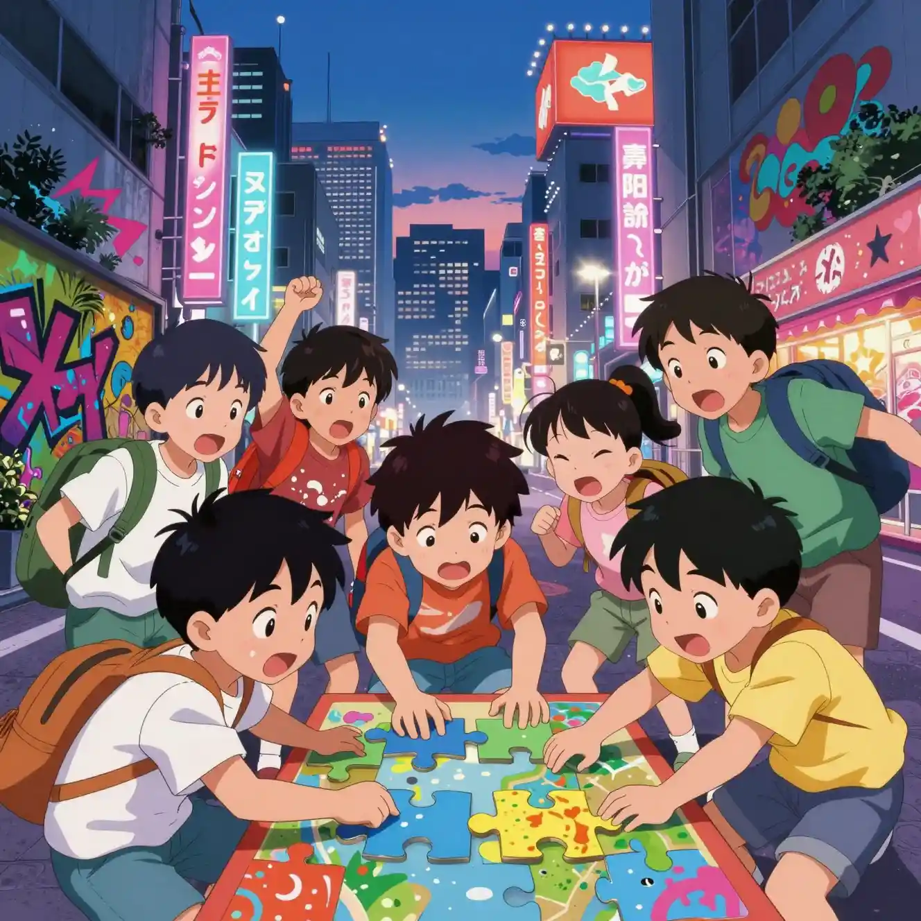 Kids exploring a neon lit Asian city with anime art
