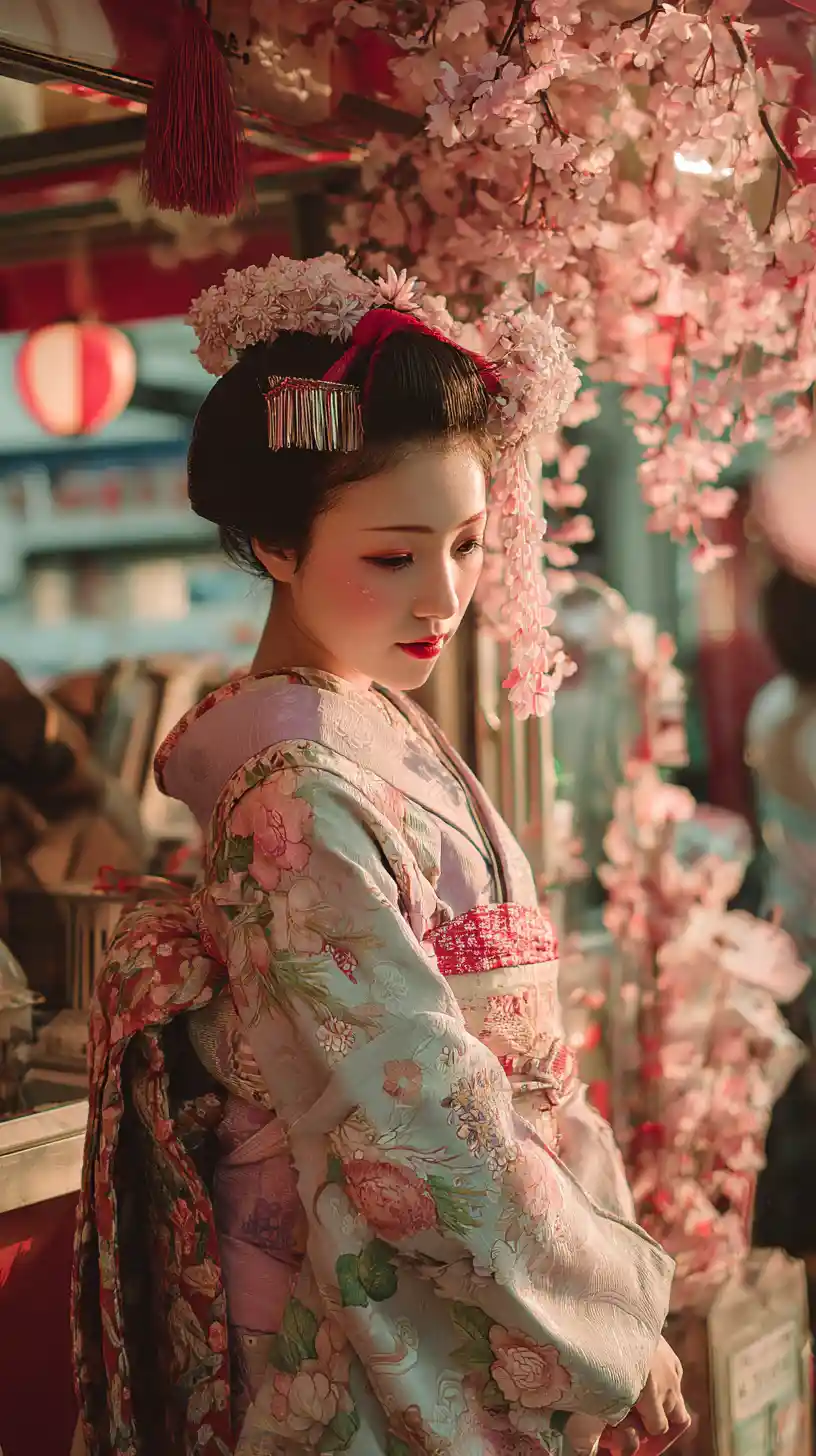 Geisha im pastellfarbenen Kimono in einer Tokioter Straße mit Blüten