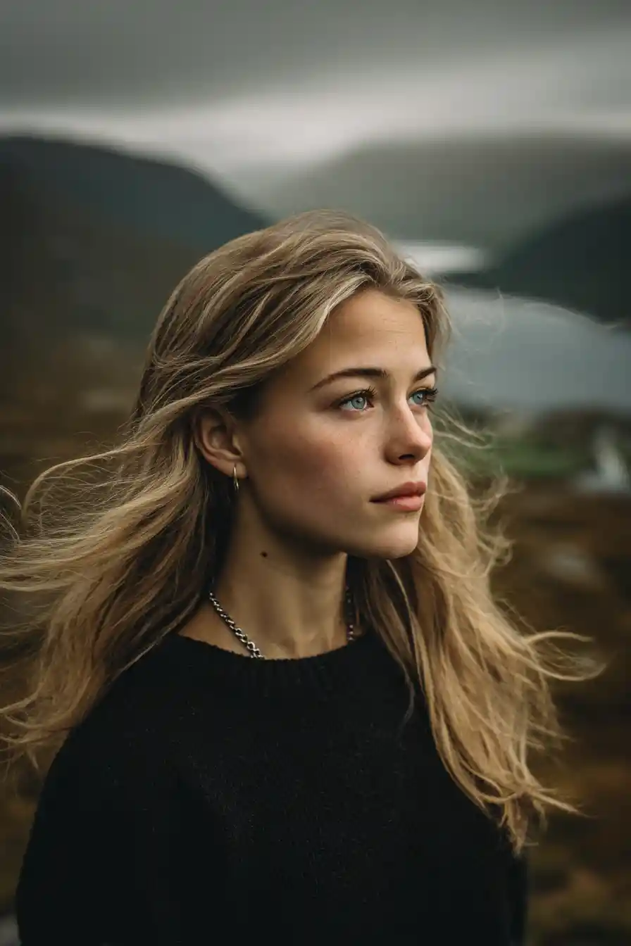 Joven mujer rubia pensativa junto a un tranquilo lago nórdico