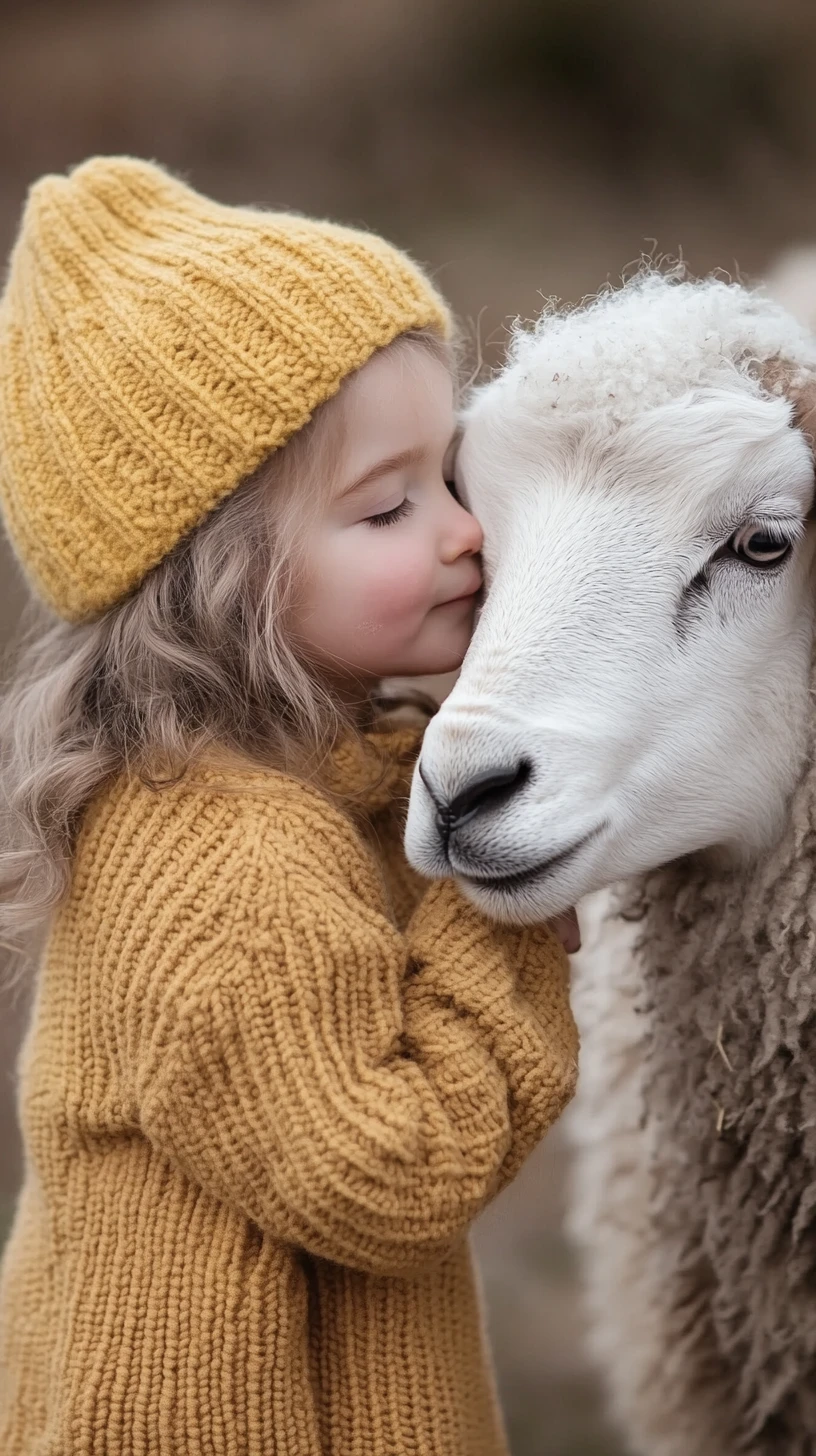 Little girl feeding a lamb in a spring village illustration