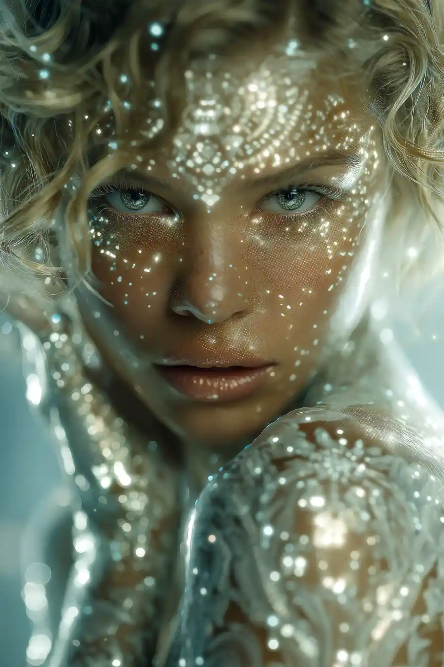 Spring goddess of pixels in a dynamic luminous portrait