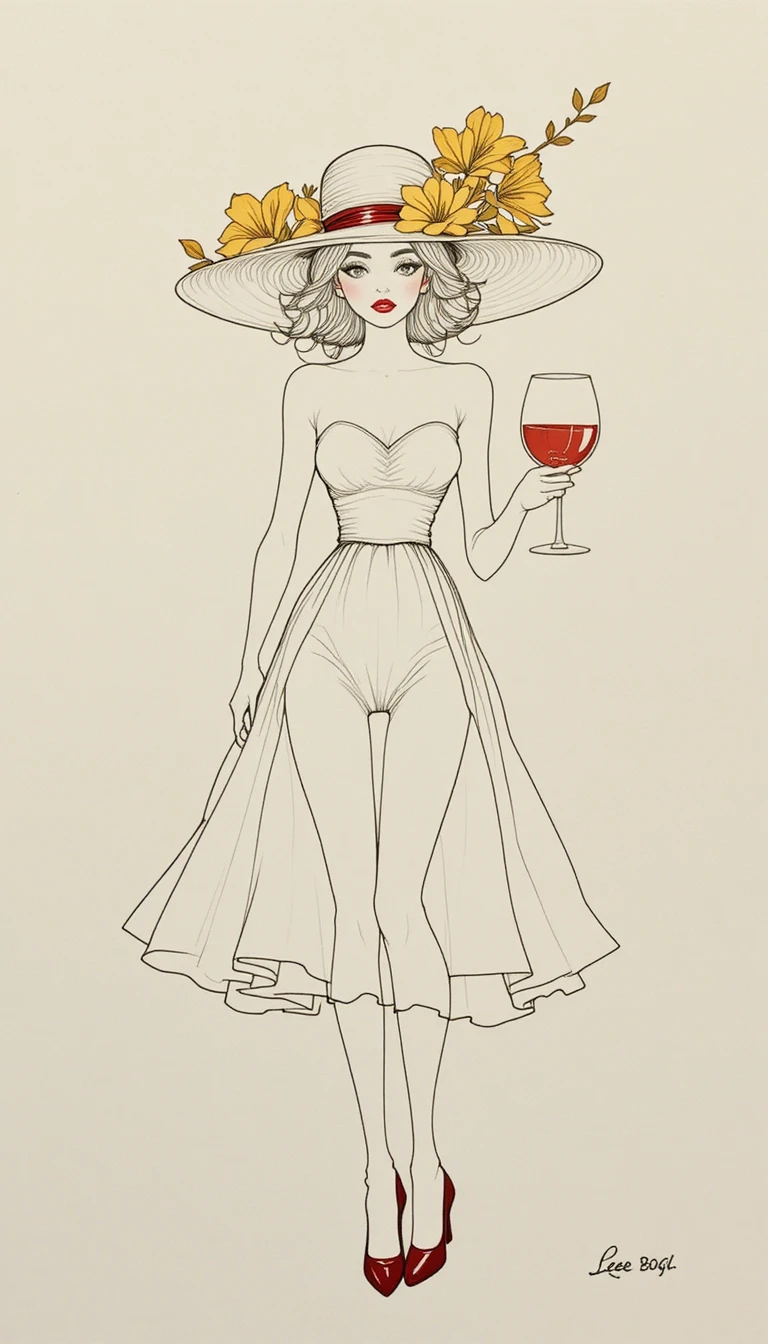 Disegno a linea continua di una ragazza con cappello e fiori di mimosa