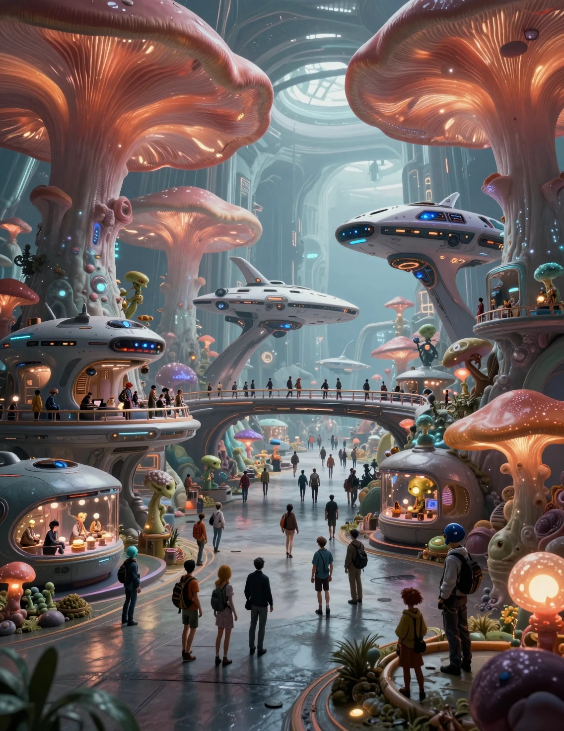 Crowded Alien Spaceport On Giant Fungal Platforms