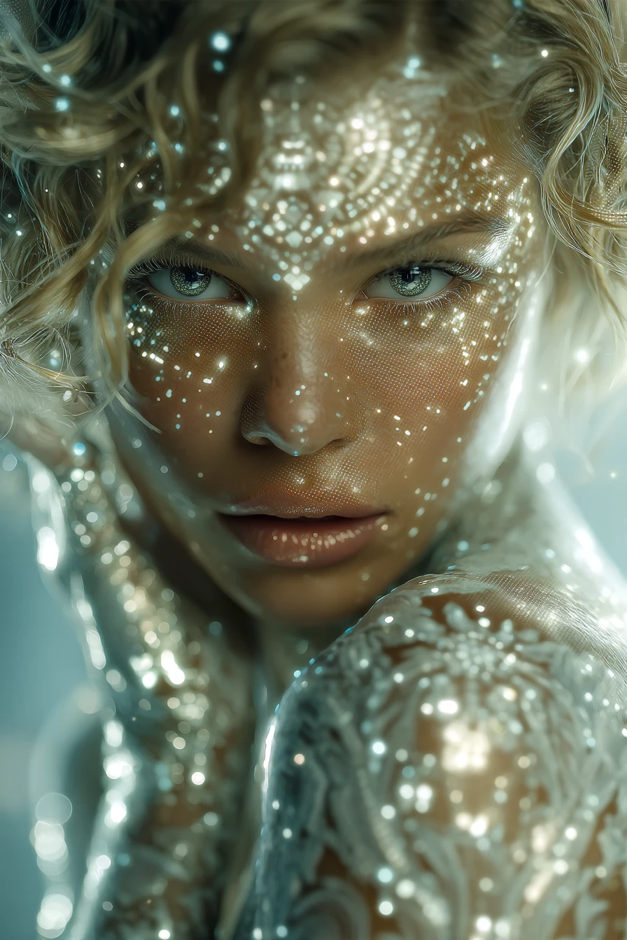Spring goddess of pixels in a dynamic luminous portrait