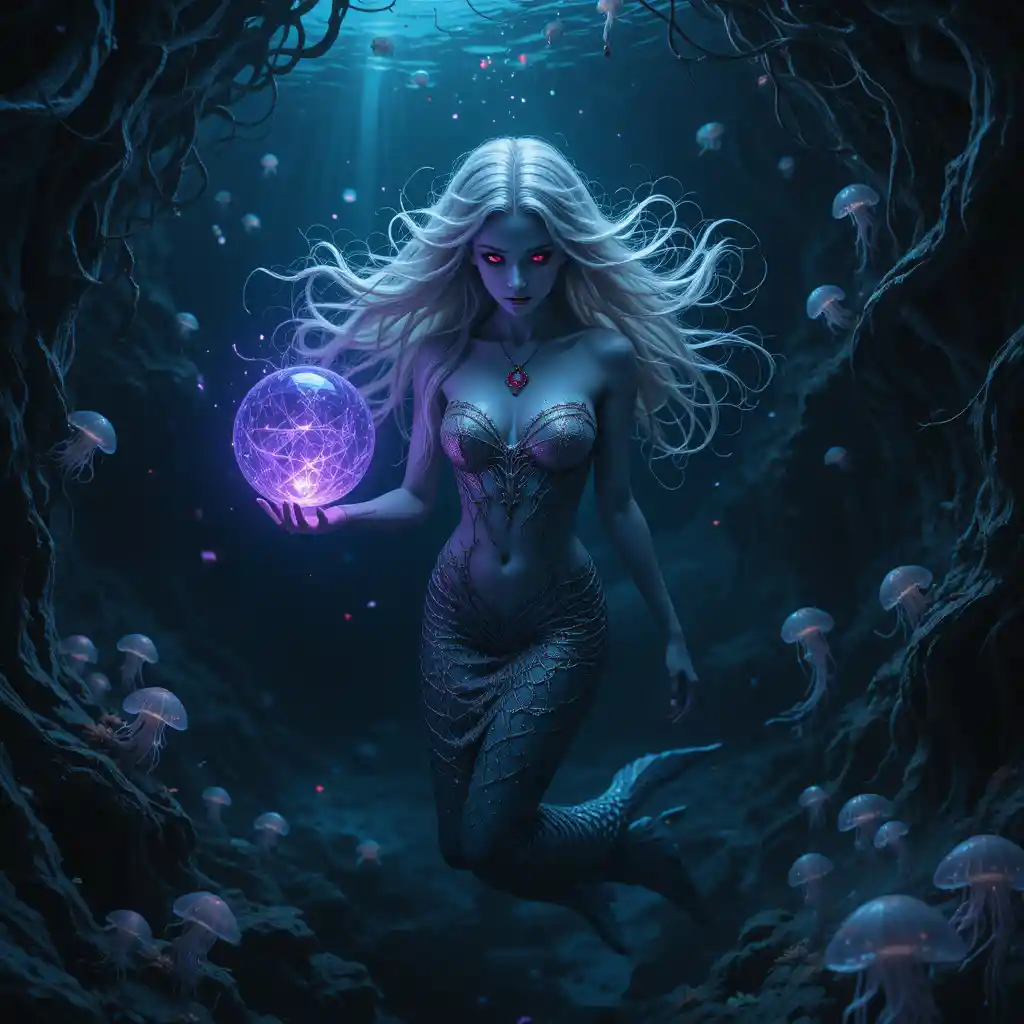 Sirena de cabello plateado con orbe de cristal en cueva abisal