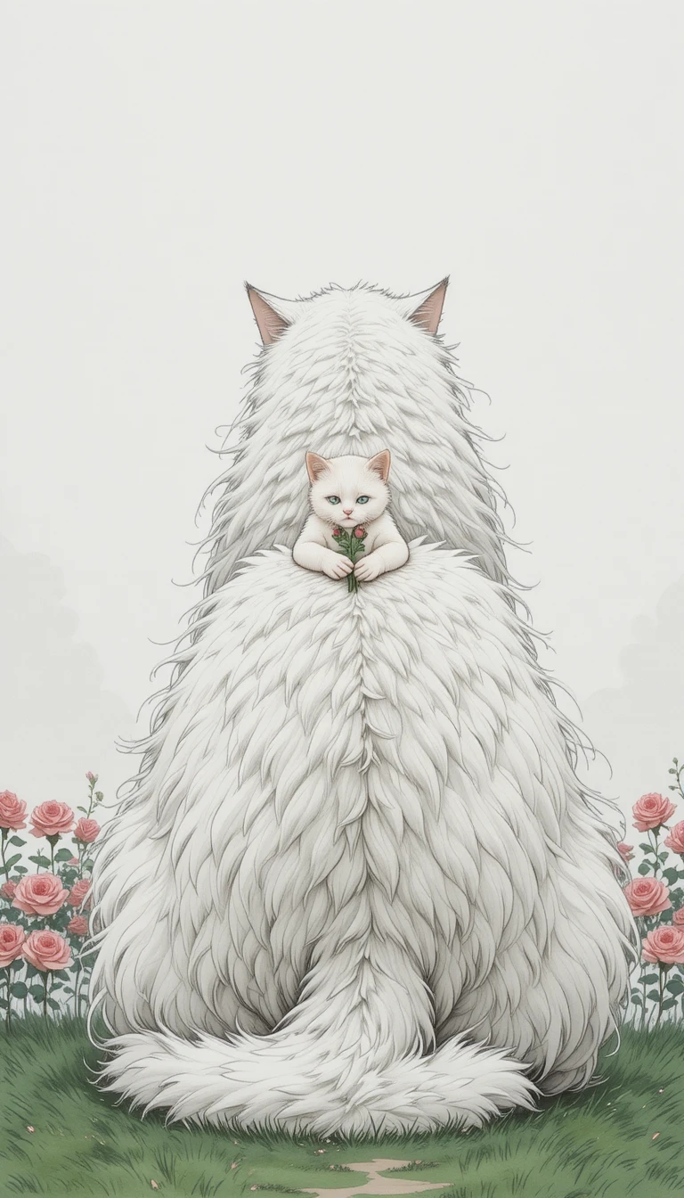 Tiny sad kitten on a giant fluffy white cat