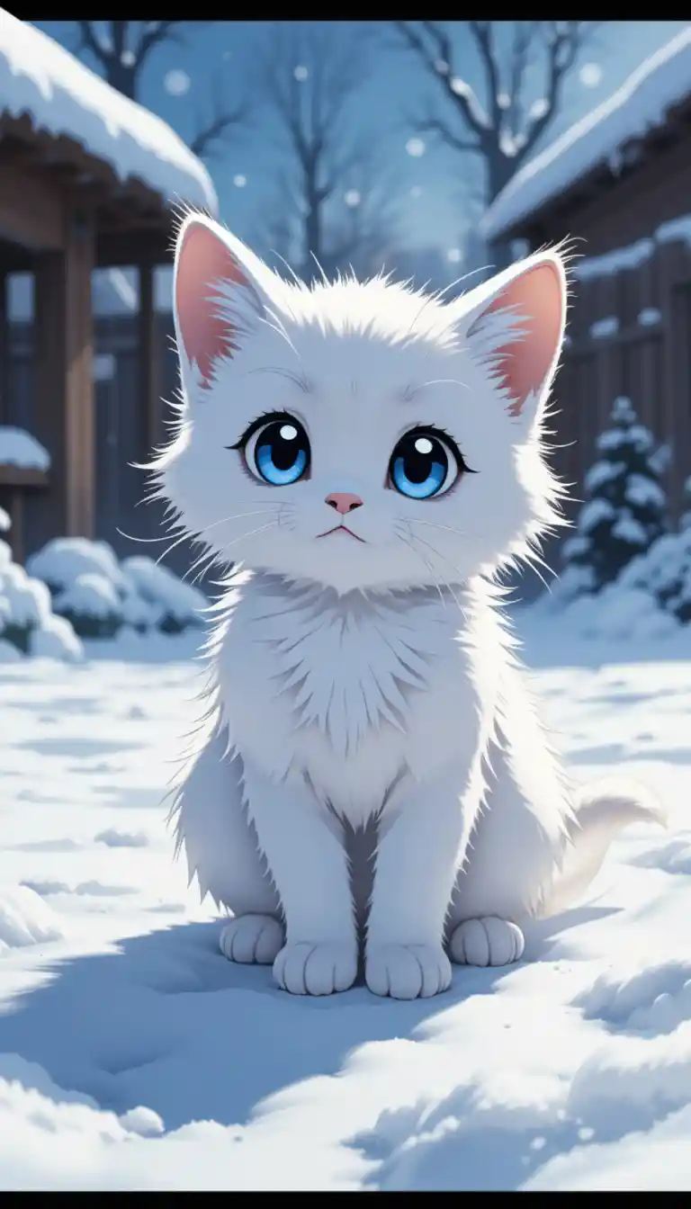 Gatito blanco de ojos azules en un tranquilo patio nevado