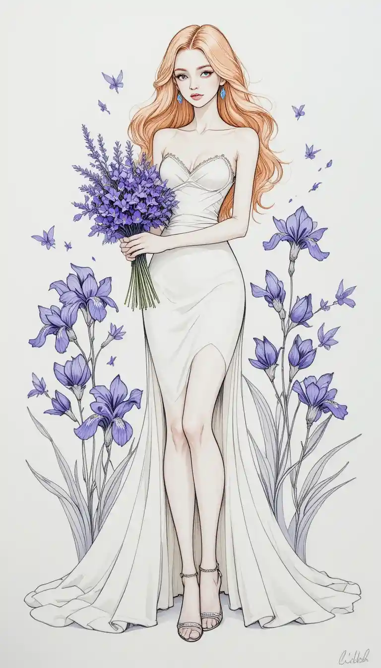 Elegante Mädchenskizze im fließenden Kleid mit Irisstrauß