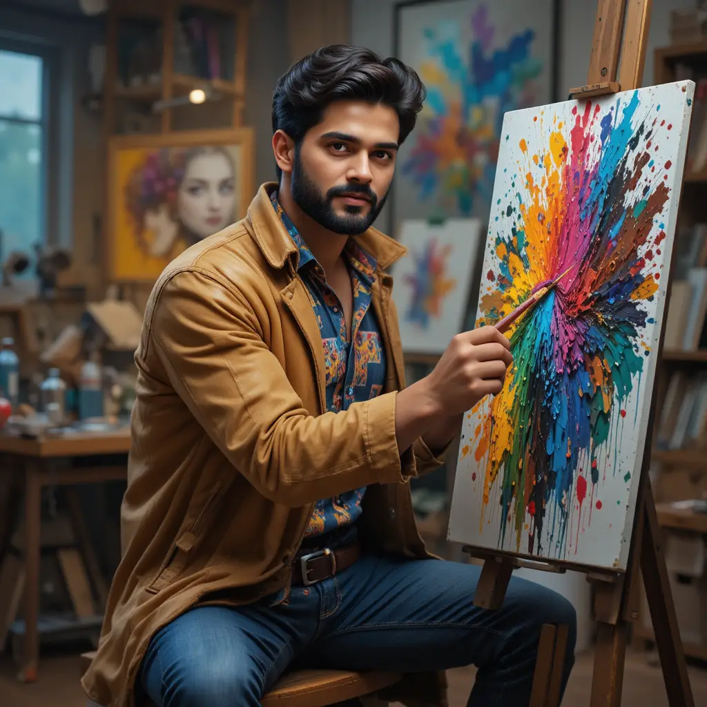 Monkey artist painting on canvas in warm art studio