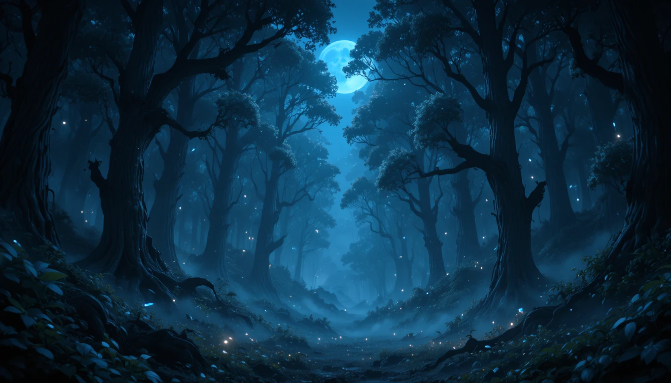 Dark jungle at night with glowing fireflies and moonlight