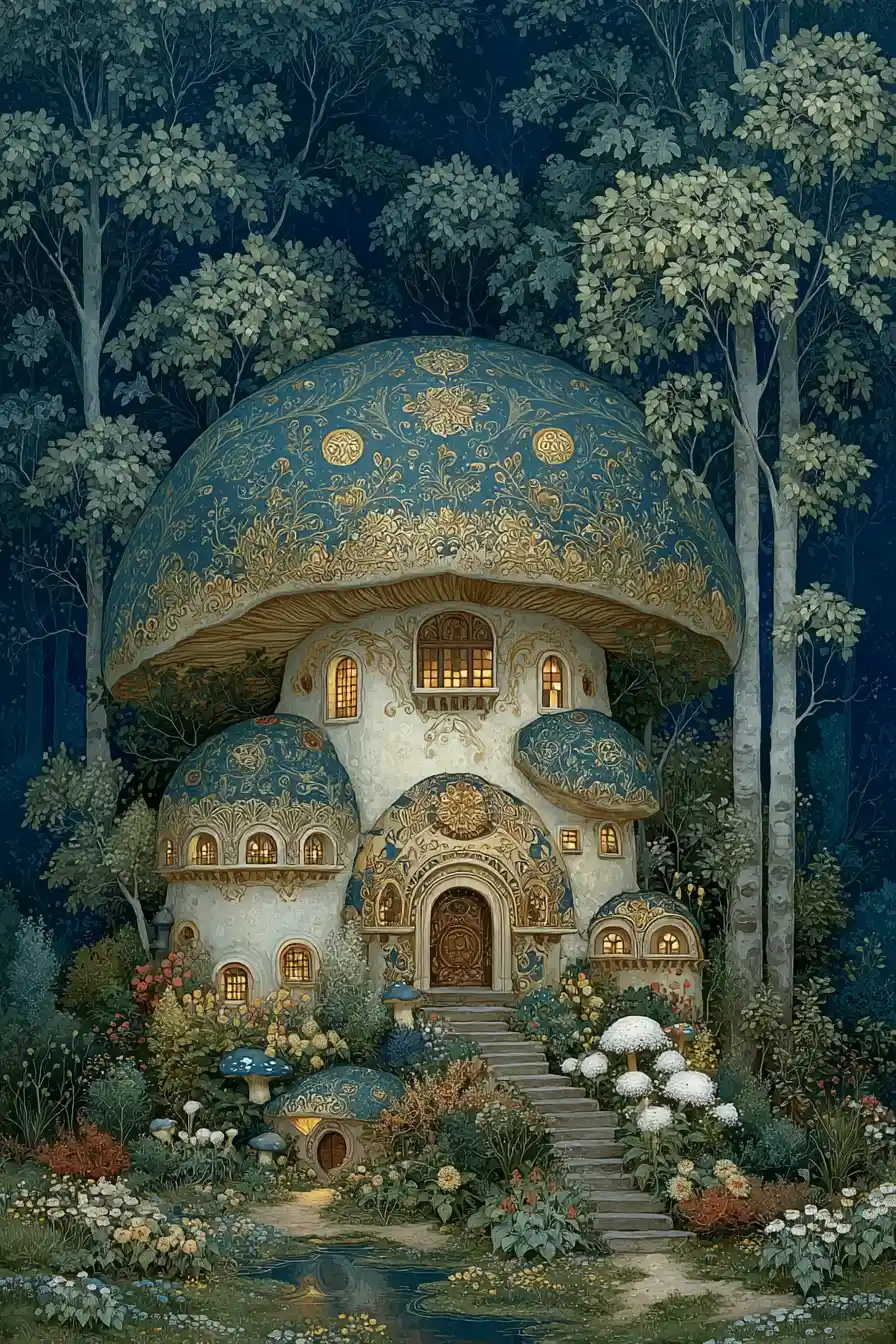 Mysterious fantasy forest in colorful fairytale illustration