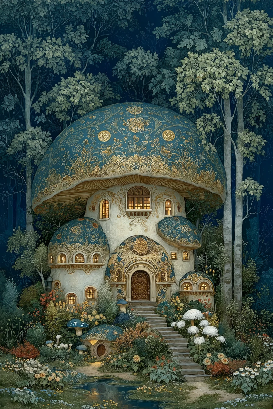 Mysterious fantasy forest in colorful fairytale illustration