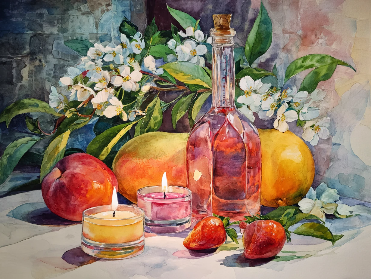 Natura morta ad acquerello con frutta, bottiglia di vino e candele