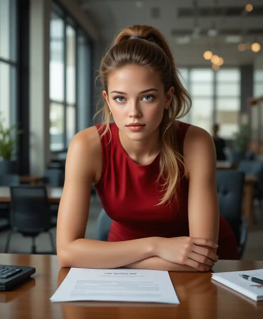 Confident businesswoman leaning over desk in modern office