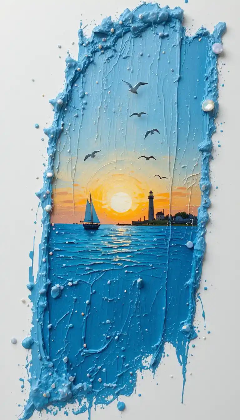 Nahaufnahme eines blauen Acrylpinselstrichs, der eine Meereslandschaft im Sonnenuntergang rahmt
