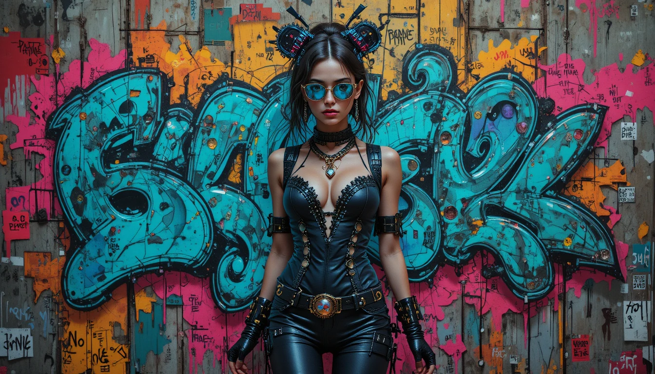 Neon cyberpunk woman in futuristic Paris street scene