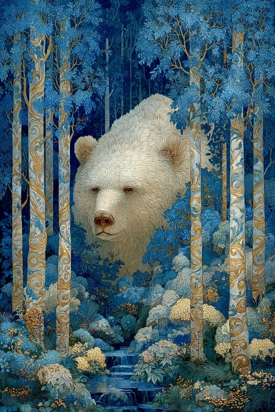 Mysterious grandfather figure in a colorful fantasy forest
